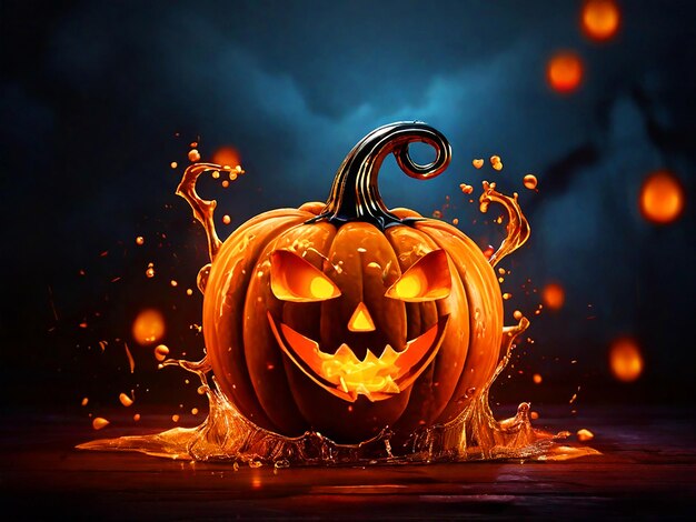 clipart de abóbora de halloween que sorri em chamas com fundo de salpicaduras