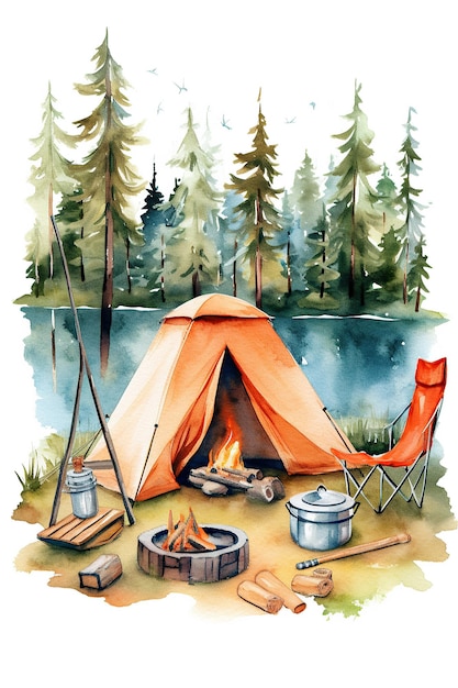 Clipart de aquarela de floresta de acampamento fofo isolado em fundo branco com IA generativa