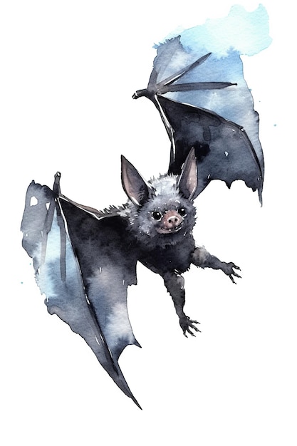 Clipart de aquarela de morcego fofo isolado em fundo branco com tecnologia Generative AI