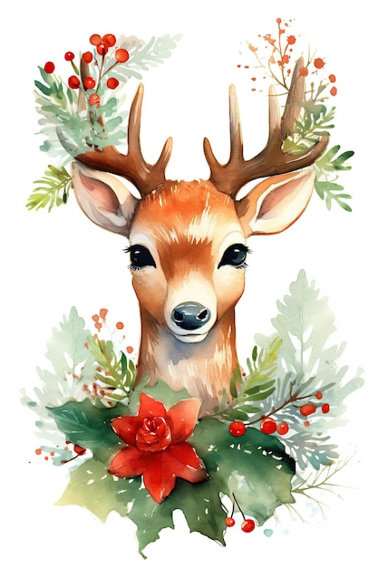 Clipart de aquarela de Natal de veado Papai Noel isolado em fundo branco com IA generativa