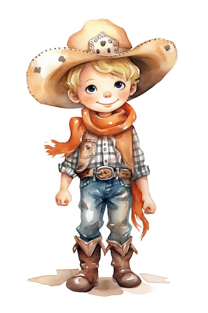 Clipart de aquarela de personagem de cowboy fofo isolado em fundo branco com IA generativa