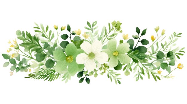 clipart de aquarela de verdura com muitas flores e folhagem verde densa