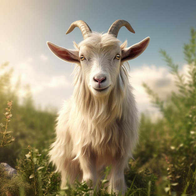 Clipart de cabra 3d realista Cabra branca na grama alta