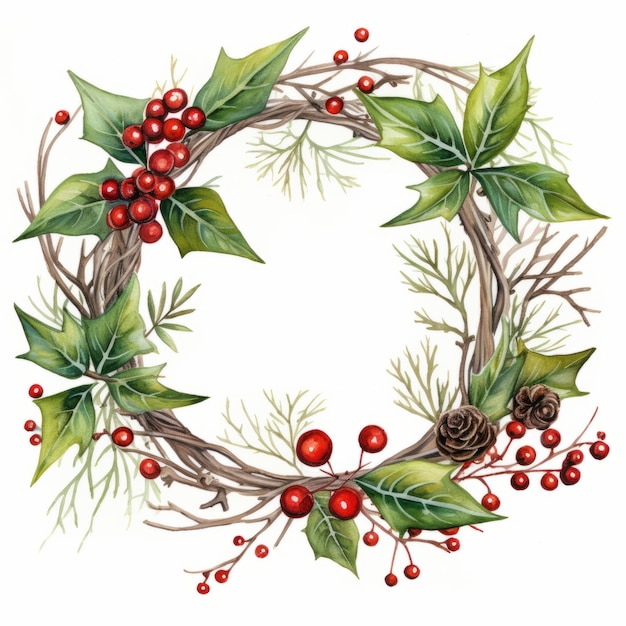 Clipart de coroa de aquarela realista com bagas de Holly e cones de pinheiro