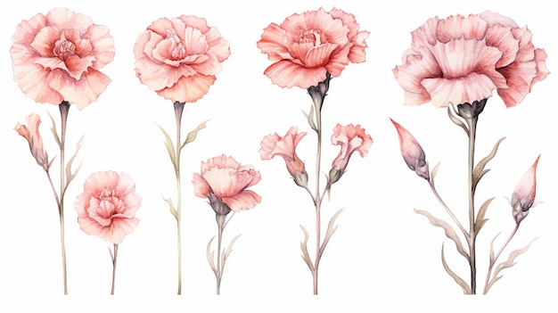 Clipart de cravo em aquarela Cravo rosa empoeirado para cartão de dia das mães Rosas boho em aquarela