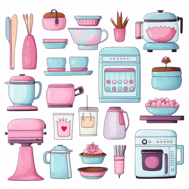 Foto clipart de equipamentos de cozinha fofos de harmonia de cozinha colorida em tons pastel