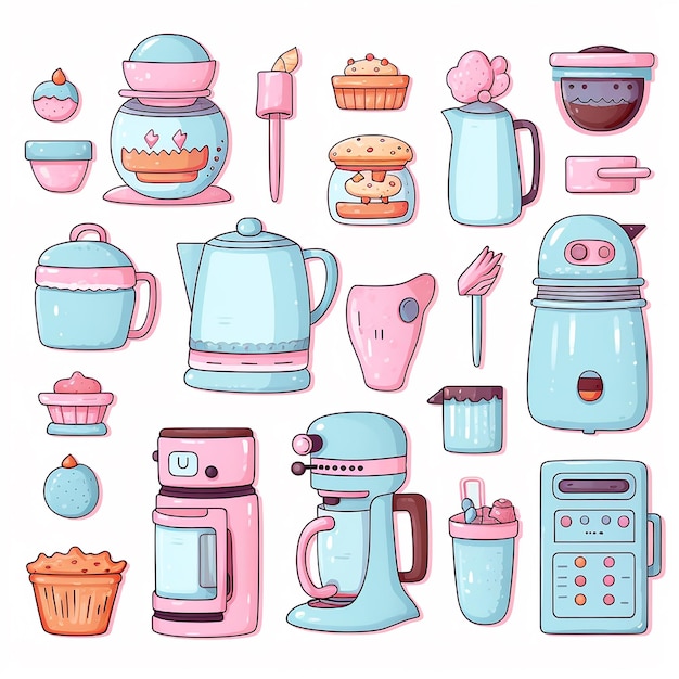 Clipart de equipamentos de cozinha fofos de harmonia de cozinha colorida em tons pastel