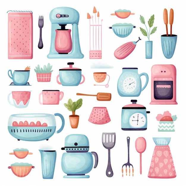 Clipart de equipamentos de cozinha fofos de harmonia de cozinha colorida em tons pastel