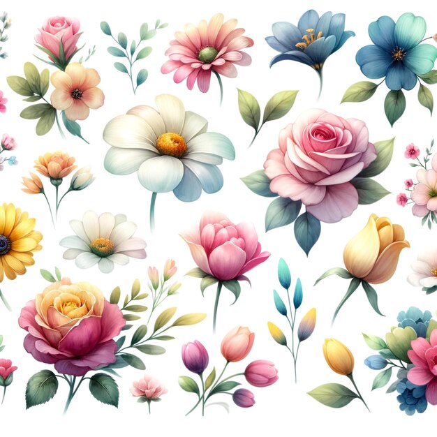 Clipart de flores aquareladas de variedade de flores, como rosas e margaridas em fundo branco