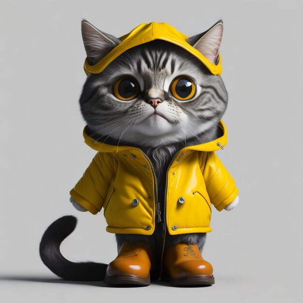 clipart de gato adorável fofo vestindo capa de chuva amarela e boné