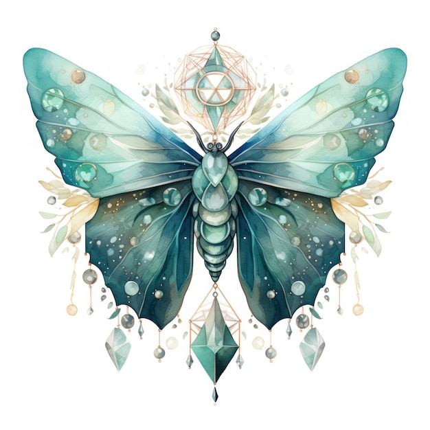 Clipart de mariposa mística Aquarela de sonho com cristais mágicos