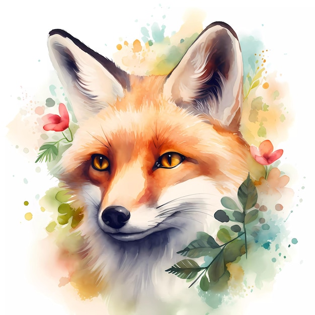 Clipart de pintura em aquarela de um retrato de raposa