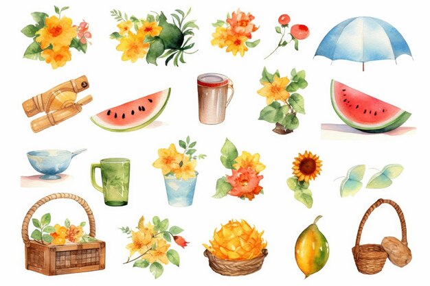 Foto clipart des sommers im sprite-blatt im aquarell-stil