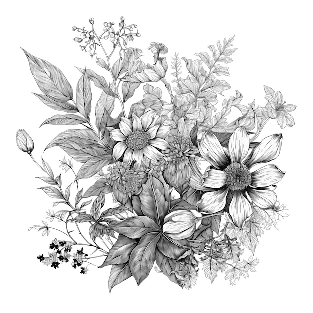 Foto clipart detallado de sketchstyle de hojas y flores en blanco y negro