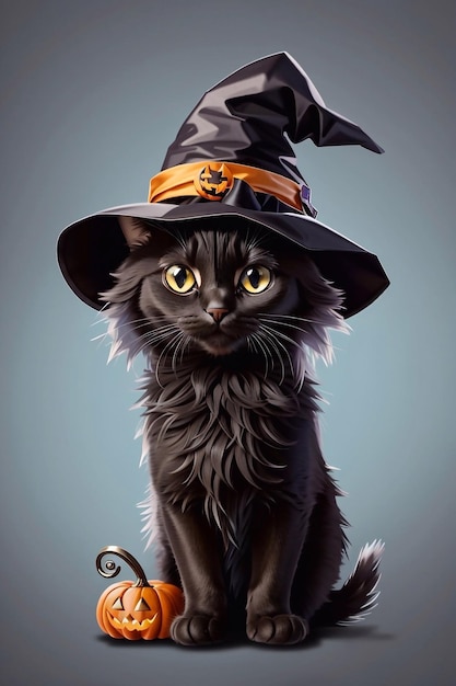 Clipart fofo gato preto de Halloween com chapéu de mago para adesivo Gato de desenho animado realista tema de Halloween