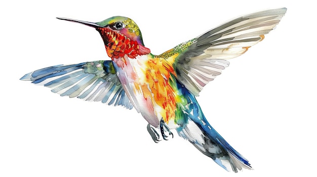 Clipart de un hermoso diseño de colibrí en estilo acuarela multicolor volando