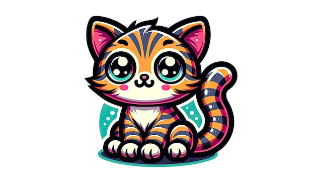 Clipart de un lindo gato de dibujos animados con grandes ojos redondos, pelaje a rayas y una expresión juguetona. El diseño está delineado en negro con colores vibrantes que completan los detalles generados por IA.