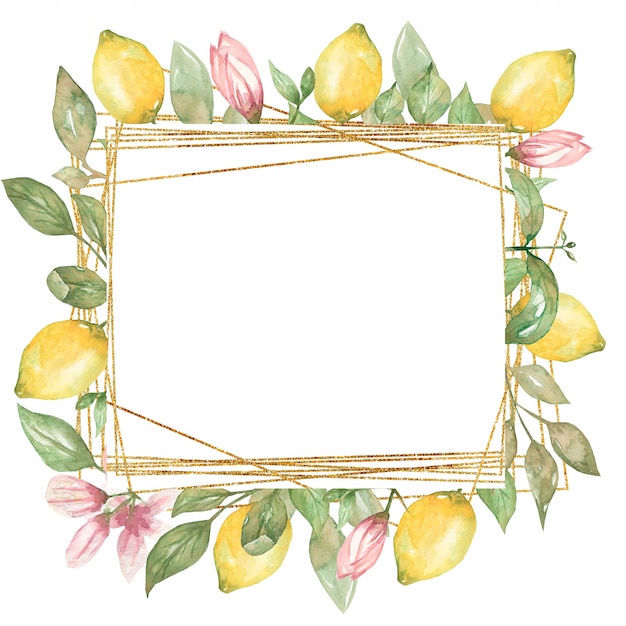 Clipart de marco de limón acuarela. Marco de corazón geométrico dorado, guirnalda floral de verano, imágenes prediseñadas de vegetación, invitaciones de boda, fabricación de tarjetas, diseño de logotipos