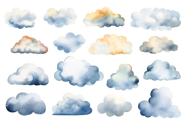 Foto clipart de nubes blancas acuarela sobre fondo blanco