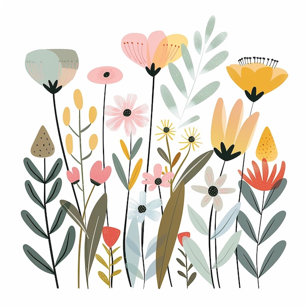 Un clipart vectorial de flores de primavera en colores pastel con formas simples sobre un fondo blanco
