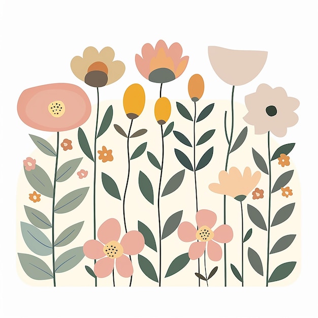 Un clipart vectorial de flores de primavera en colores pastel con formas simples sobre un fondo blanco