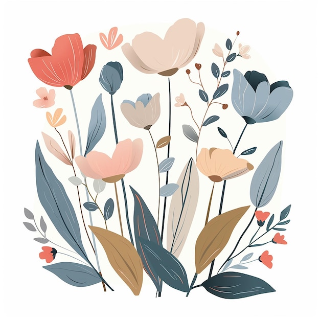Un clipart vectorial de flores de primavera en colores pastel con formas simples sobre un fondo blanco
