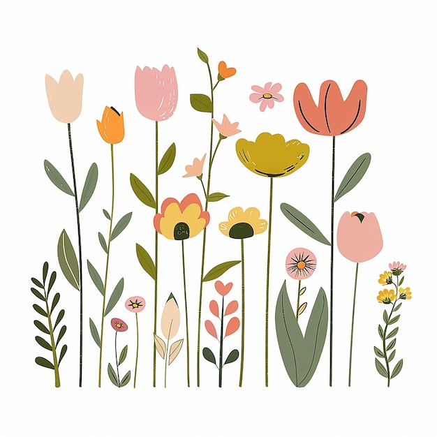 Un clipart vectorial de flores de primavera en colores pastel con formas simples sobre un fondo blanco