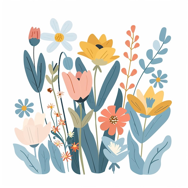 Un clipart vectorial de flores de primavera en colores pastel con formas simples sobre un fondo blanco