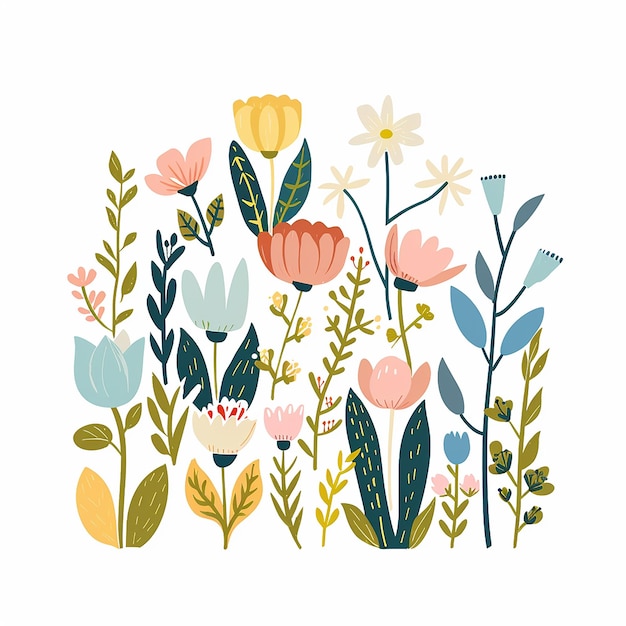 Un clipart vectorial de flores de primavera en colores pastel con formas simples sobre un fondo blanco