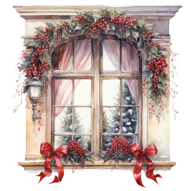 Clipart de la ventana de Navidad hermosa ilustración de acuarela aislada IA generativa