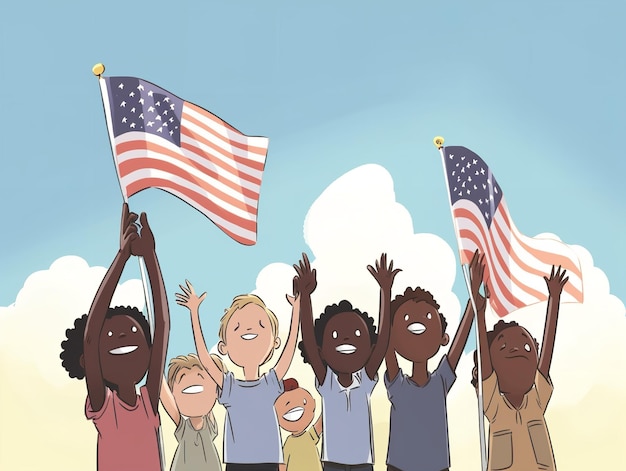 Clipart von Kindern, die amerikanische Flaggen schwenken