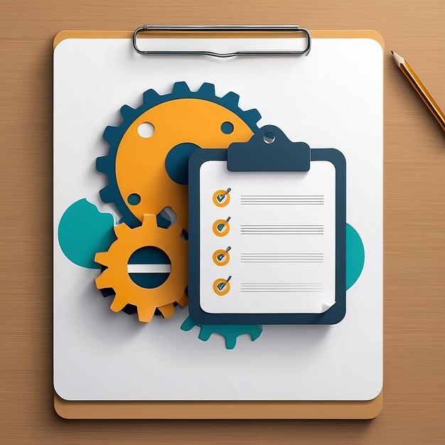 Foto clipboard e ícone de engrenagem conceito de desenvolvimento de software de gerenciamento de projetos lista de verificação com engrenagem