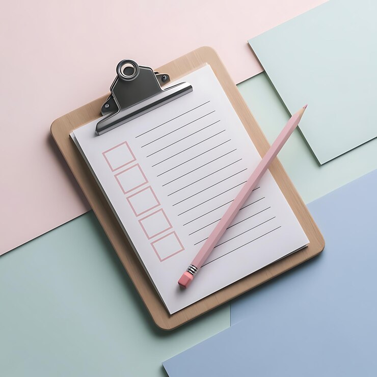 Clipboard pastel con lista de comprobación en blanco y diseño de oficina minimalista con lápiz