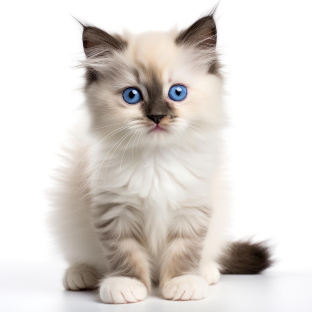 Clipe adorável de gatinho Ragdoll em fundo branco gerado por IA