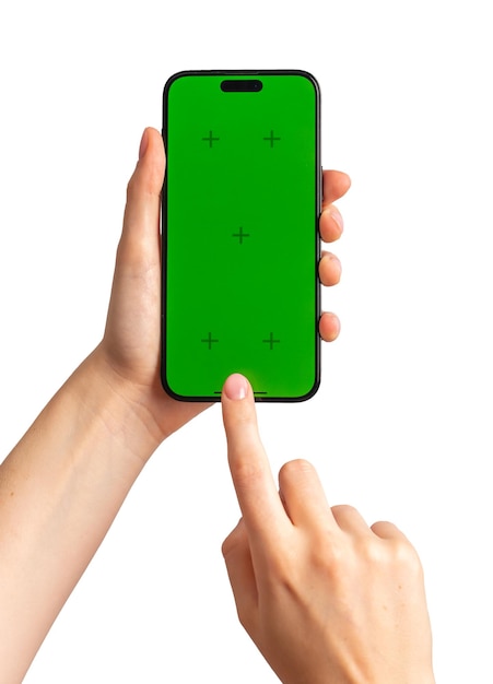 Clique com o dedo tocando na maquete do smartphone com tela verde do telefone isolada em fundo branco