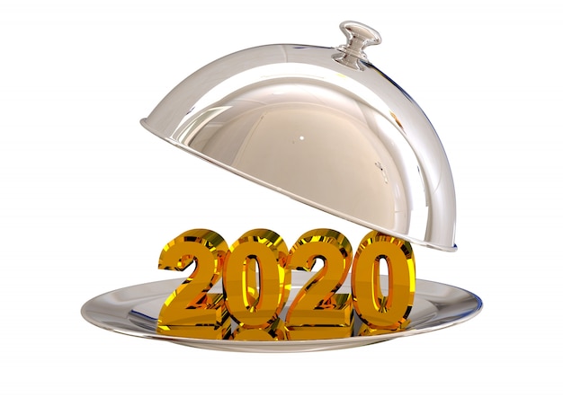 Cloche cromo abierto con año nuevo 2020 en placa en restaurante aislado en blanco