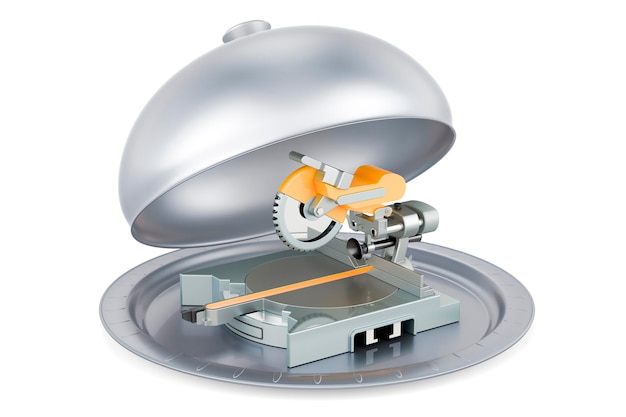 Foto cloche de restaurante com serra circular de mesa renderização em 3d