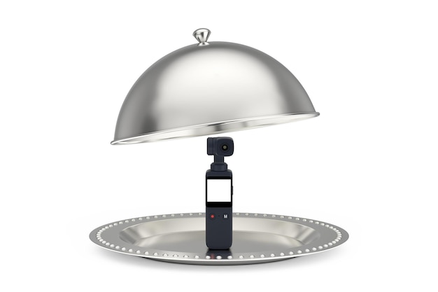 Cloche de restaurante prateado com renderização em 3D de câmera de ação de gimbal portátil de bolso