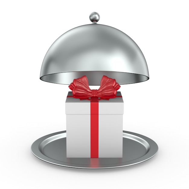 Cloche metálico abierto y caja de regalo blanca con lazo rojo sobre fondo blanco. Ilustración 3D aislada