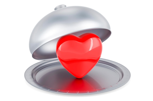 Cloche de un restaurante con una representación 3D de un corazón rojo aislado sobre un fondo blanco