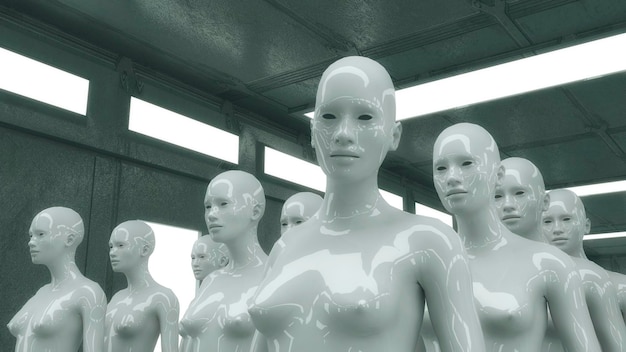 Clones femeninos humanos en habitación futurista