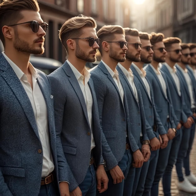 Foto clones de moda masculina hipster con la misma ropa.