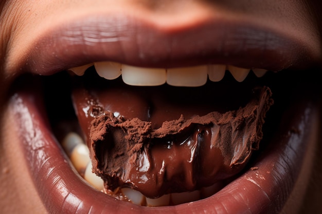 Close da boca de um adulto desfrutando do vício em chocolate, expressando pura indulgência e prazer