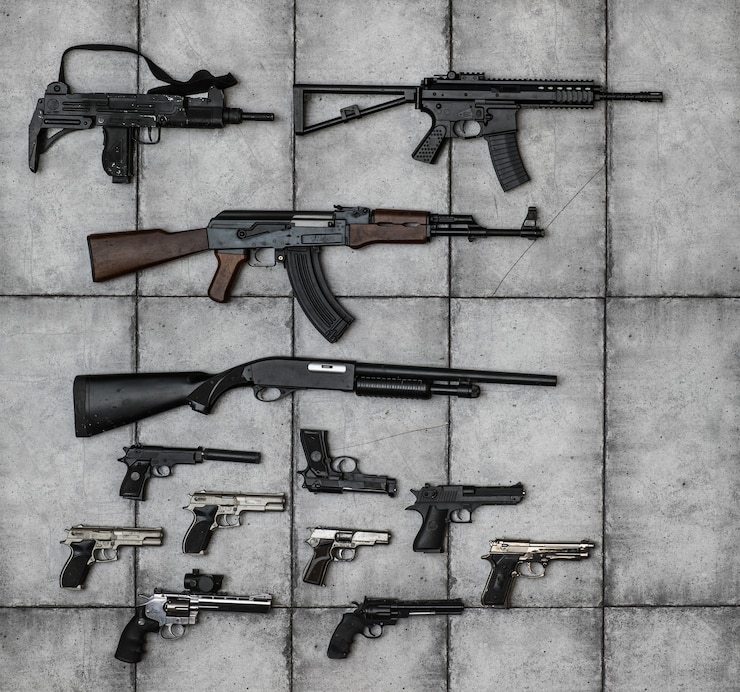 Foto close da coleção do arsenal de armas de armas e punhos de armas de fogo