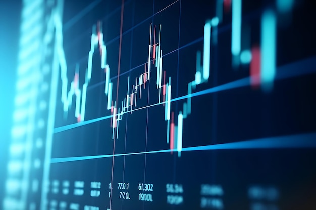 Close da exibição do gráfico financeiro com gráfico genérico de velas de ativos voláteis Rede neural gerada em maio de 2023 Não baseado em qualquer cena ou padrão real