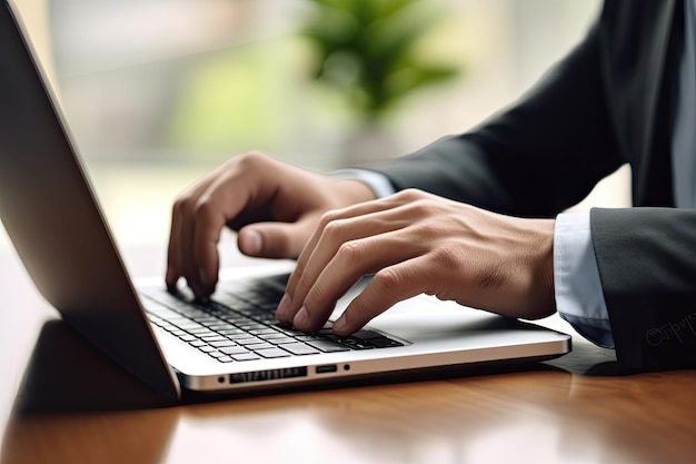 Close da mão de um homem digitando no teclado do laptop para trabalhar em casa ou no escritório