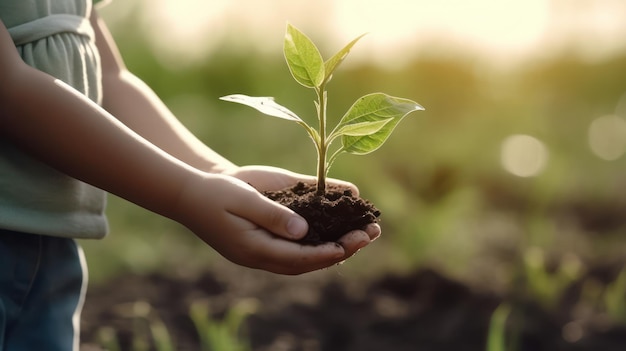 close da mão de uma criança segurando uma planta em crescimento