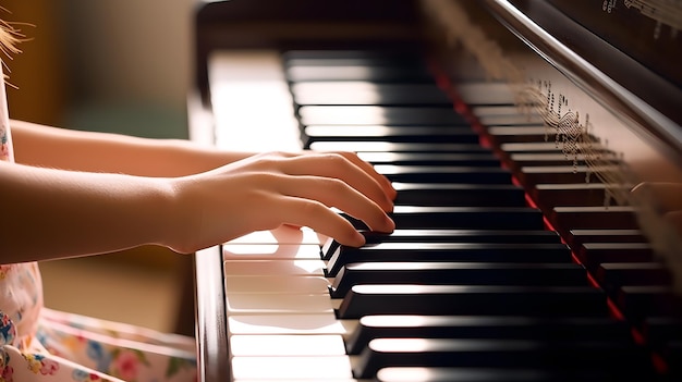 Close da mão de uma criança tocando piano