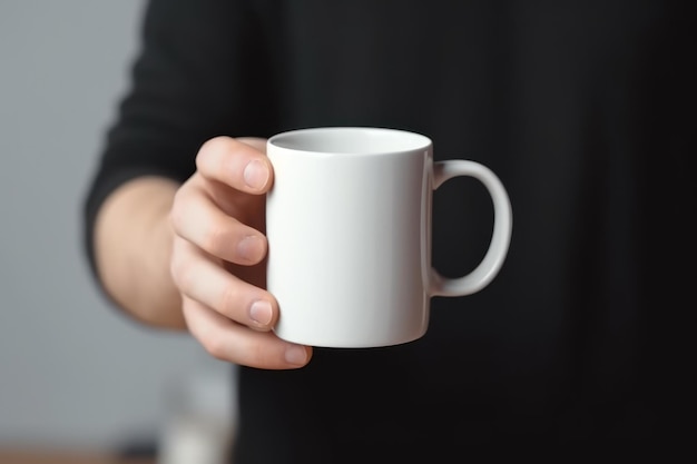 Close da mão segurando uma caneca branca ou copo isolado IA generativa