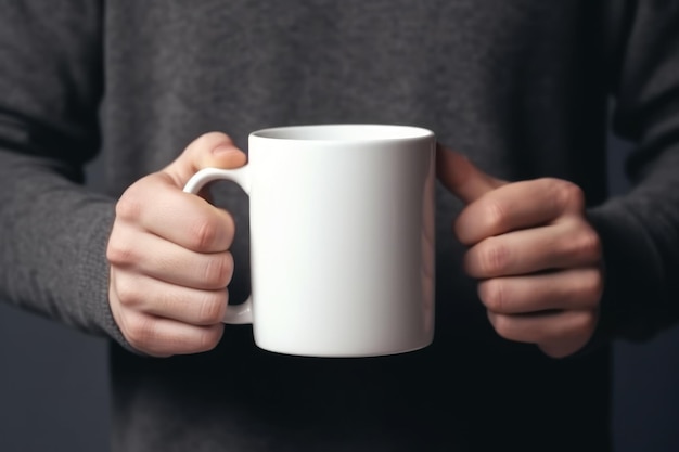 Close da mão segurando uma caneca branca ou copo isolado IA generativa